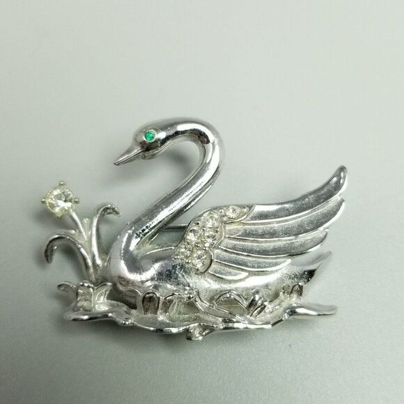 Vintage Coro Swan Brooch, Silver Tone Rhinestone Signed Pat Pend, Retro Estate - Picture 2 of 7